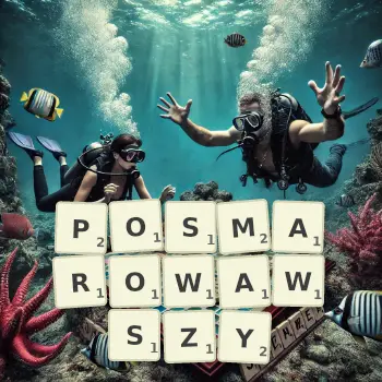 Kreatywna ilustracja do gry w Scrabble ze słowem POSMAROWAWSZY ułożonym z płytek na planszy.