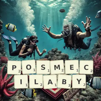 Kreatywna ilustracja do gry w Scrabble ze słowem POSMECILABY ułożonym z płytek na planszy.