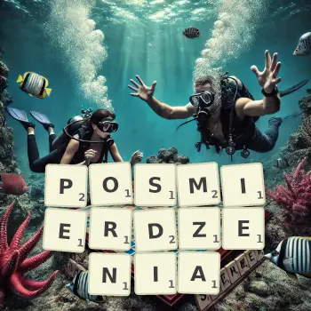 Kreatywna ilustracja do gry w Scrabble ze słowem POSMIERDZENIA ułożonym z płytek na planszy.