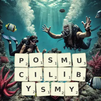 Kreatywna ilustracja do gry w Scrabble ze słowem POSMUCILIBYSMY ułożonym z płytek na planszy.