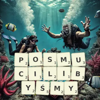 Kreatywna ilustracja do gry w Scrabble ze słowem POSMUCILIBYŚMY ułożonym z płytek na planszy.