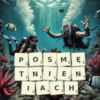 Kreatywna ilustracja do gry w Scrabble ze słowem POSMĘTNIENIACH ułożonym z płytek na planszy.