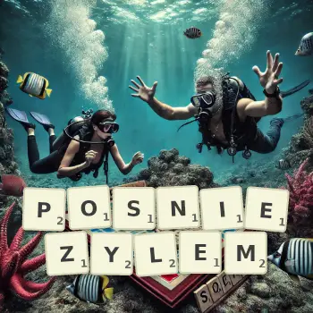Kreatywna ilustracja do gry w Scrabble ze słowem POSNIEZYLEM ułożonym z płytek na planszy.
