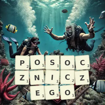 Kreatywna ilustracja do gry w Scrabble ze słowem POSOCZNICZEGO ułożonym z płytek na planszy.