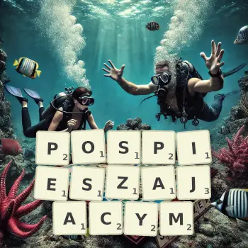 Kreatywna ilustracja do gry w Scrabble ze słowem POSPIESZAJACYM ułożonym z płytek na planszy.