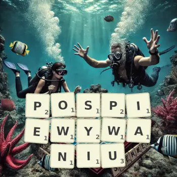 Kreatywna ilustracja do gry w Scrabble ze słowem POSPIEWYWANIU ułożonym z płytek na planszy.