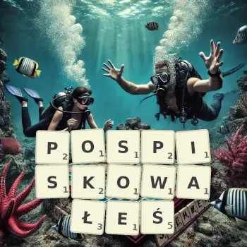 Kreatywna ilustracja do gry w Scrabble ze słowem POSPISKOWAŁEŚ ułożonym z płytek na planszy.