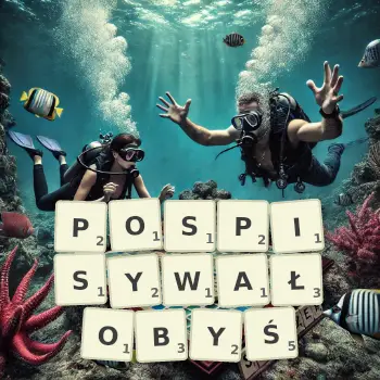 Kreatywna ilustracja do gry w Scrabble ze słowem POSPISYWAŁOBYŚ ułożonym z płytek na planszy.