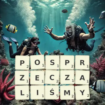 Kreatywna ilustracja do gry w Scrabble ze słowem POSPRZECZALIŚMY ułożonym z płytek na planszy.