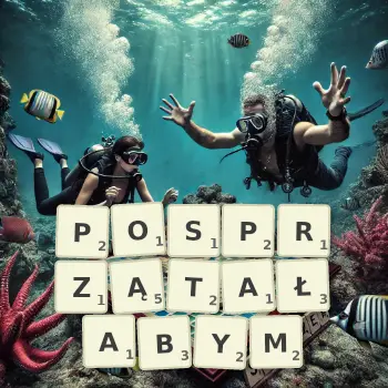 Kreatywna ilustracja do gry w Scrabble ze słowem POSPRZĄTAŁABYM ułożonym z płytek na planszy.
