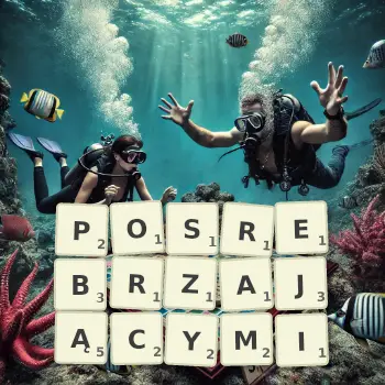 Kreatywna ilustracja do gry w Scrabble ze słowem POSREBRZAJĄCYMI ułożonym z płytek na planszy.