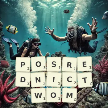 Kreatywna ilustracja do gry w Scrabble ze słowem POSREDNICTWOM ułożonym z płytek na planszy.