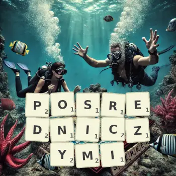 Kreatywna ilustracja do gry w Scrabble ze słowem POSREDNICZYMI ułożonym z płytek na planszy.