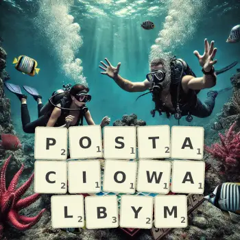 Kreatywna ilustracja do gry w Scrabble ze słowem POSTACIOWALBYM ułożonym z płytek na planszy.
