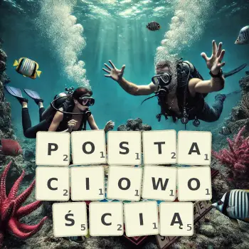 Kreatywna ilustracja do gry w Scrabble ze słowem POSTACIOWOŚCIĄ ułożonym z płytek na planszy.