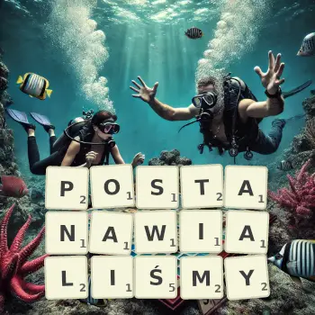 Kreatywna ilustracja do gry w Scrabble ze słowem POSTANAWIALIŚMY ułożonym z płytek na planszy.