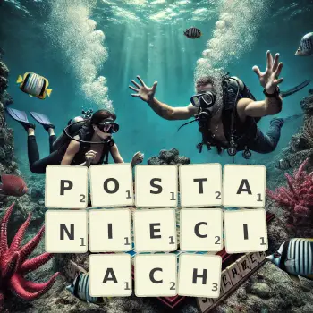 Kreatywna ilustracja do gry w Scrabble ze słowem POSTANIECIACH ułożonym z płytek na planszy.