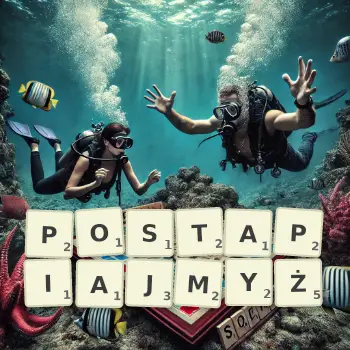 Kreatywna ilustracja do gry w Scrabble ze słowem POSTAPIAJMYŻ ułożonym z płytek na planszy.