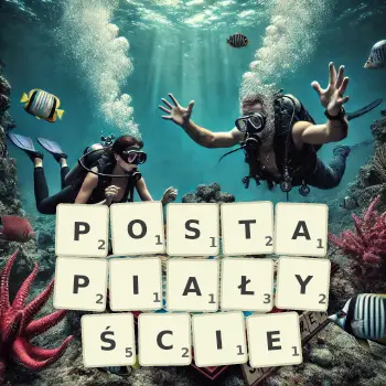 Kreatywna ilustracja do gry w Scrabble ze słowem POSTAPIAŁYŚCIE ułożonym z płytek na planszy.