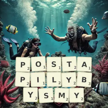 Kreatywna ilustracja do gry w Scrabble ze słowem POSTAPILYBYSMY ułożonym z płytek na planszy.