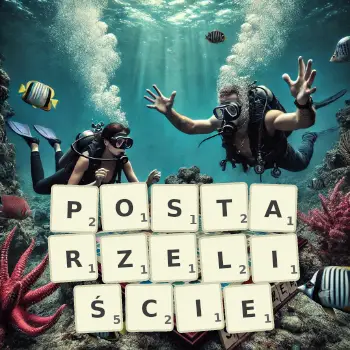 Kreatywna ilustracja do gry w Scrabble ze słowem POSTARZELIŚCIE ułożonym z płytek na planszy.