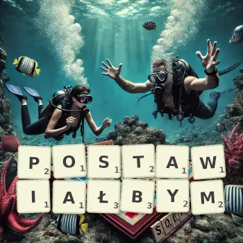 Kreatywna ilustracja do gry w Scrabble ze słowem POSTAWIAŁBYM ułożonym z płytek na planszy.