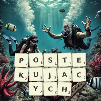 Kreatywna ilustracja do gry w Scrabble ze słowem POSTEKUJACYCH ułożonym z płytek na planszy.