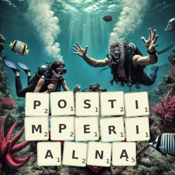 Kreatywna ilustracja do gry w Scrabble ze słowem POSTIMPERIALNĄ ułożonym z płytek na planszy.