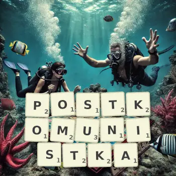 Kreatywna ilustracja do gry w Scrabble ze słowem POSTKOMUNISTKA ułożonym z płytek na planszy.