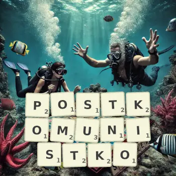 Kreatywna ilustracja do gry w Scrabble ze słowem POSTKOMUNISTKO ułożonym z płytek na planszy.