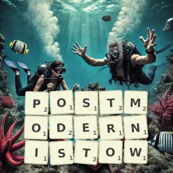 Kreatywna ilustracja do gry w Scrabble ze słowem POSTMODERNISTOW ułożonym z płytek na planszy.