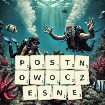 Kreatywna ilustracja do gry w Scrabble ze słowem POSTNOWOCZESNE ułożonym z płytek na planszy.