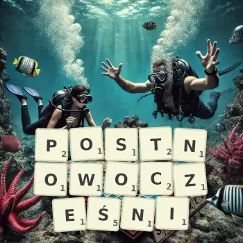 Kreatywna ilustracja do gry w Scrabble ze słowem POSTNOWOCZEŚNI ułożonym z płytek na planszy.