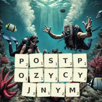 Kreatywna ilustracja do gry w Scrabble ze słowem POSTPOZYCYJNYM ułożonym z płytek na planszy.