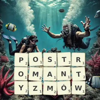 Kreatywna ilustracja do gry w Scrabble ze słowem POSTROMANTYZMÓW ułożonym z płytek na planszy.