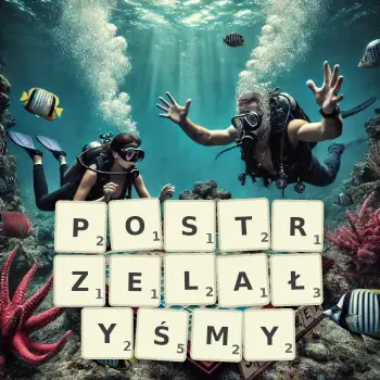 Kreatywna ilustracja do gry w Scrabble ze słowem POSTRZELAŁYŚMY ułożonym z płytek na planszy.