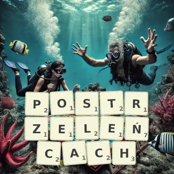 Kreatywna ilustracja do gry w Scrabble ze słowem POSTRZELEŃCACH ułożonym z płytek na planszy.
