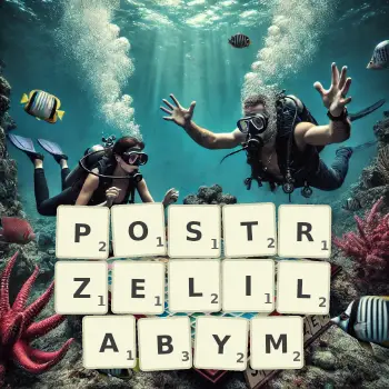 Kreatywna ilustracja do gry w Scrabble ze słowem POSTRZELILABYM ułożonym z płytek na planszy.