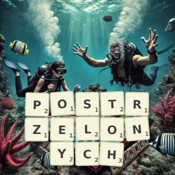 Kreatywna ilustracja do gry w Scrabble ze słowem POSTRZELONYCH ułożonym z płytek na planszy.