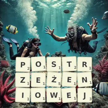 Kreatywna ilustracja do gry w Scrabble ze słowem POSTRZEŻENIOWEJ ułożonym z płytek na planszy.