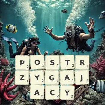 Kreatywna ilustracja do gry w Scrabble ze słowem POSTRZYGAJĄCY ułożonym z płytek na planszy.