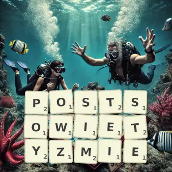 Kreatywna ilustracja do gry w Scrabble ze słowem POSTSOWIETYZMIE ułożonym z płytek na planszy.