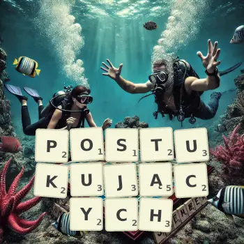 Kreatywna ilustracja do gry w Scrabble ze słowem POSTUKUJĄCYCH ułożonym z płytek na planszy.