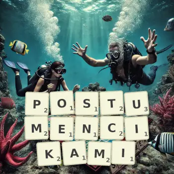 Kreatywna ilustracja do gry w Scrabble ze słowem POSTUMENCIKAMI ułożonym z płytek na planszy.