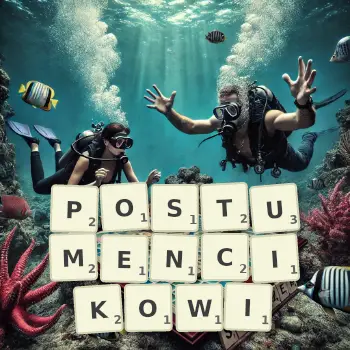 Kreatywna ilustracja do gry w Scrabble ze słowem POSTUMENCIKOWI ułożonym z płytek na planszy.