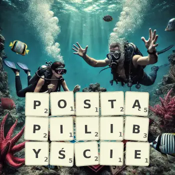 Kreatywna ilustracja do gry w Scrabble ze słowem POSTĄPILIBYŚCIE ułożonym z płytek na planszy.