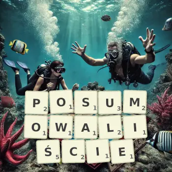 Kreatywna ilustracja do gry w Scrabble ze słowem POSUMOWALIŚCIE ułożonym z płytek na planszy.