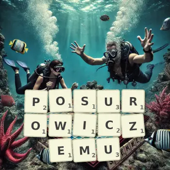 Kreatywna ilustracja do gry w Scrabble ze słowem POSUROWICZEMU ułożonym z płytek na planszy.