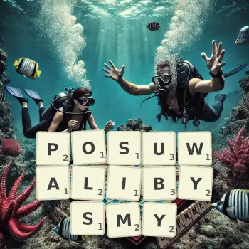 Kreatywna ilustracja do gry w Scrabble ze słowem POSUWALIBYSMY ułożonym z płytek na planszy.