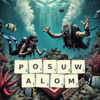 Kreatywna ilustracja do gry w Scrabble ze słowem POSUWALOM ułożonym z płytek na planszy.